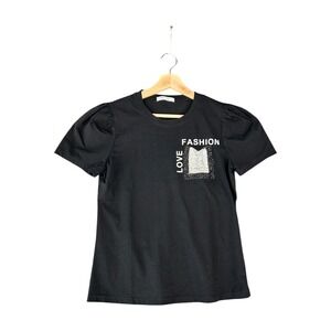 Love Fashion Black Puff Sleeve Rhinestone Pocket T Shirt Women's Size‎ L